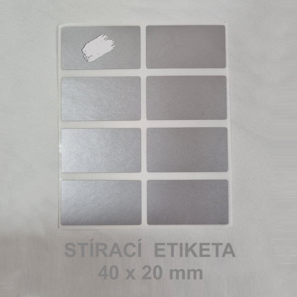Stírací samolepka obdélník 40 x 20 mm - stříbrná (8 ks / bal)