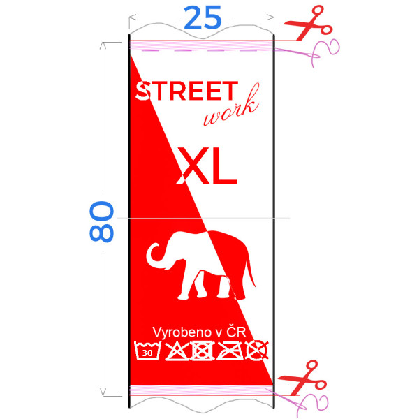 Výroba barevných textilních etiket 25 x 80 mm - potisk pouze lícové strany (1 ks)