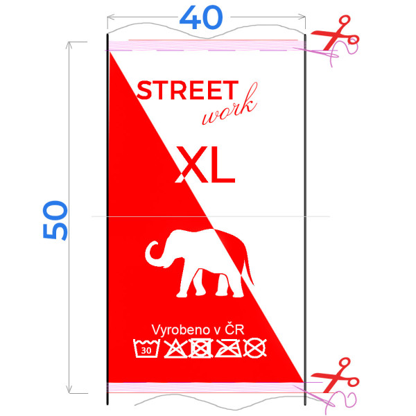 Výroba barevných textilních etiket 40 x 50 mm - potisk pouze lícové strany (1 ks)