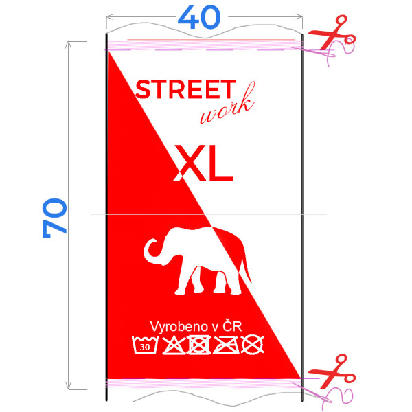 Výroba barevných textilních etiket 40 x 70 mm - potisk pouze lícové strany (1 ks)