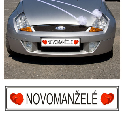 Svatební SPZ s textem Novomanželé + dvojité srdce (1 ks)